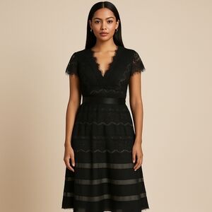 JS Collections Black Lace V-Neck Fit & Flare Dress - Size 4